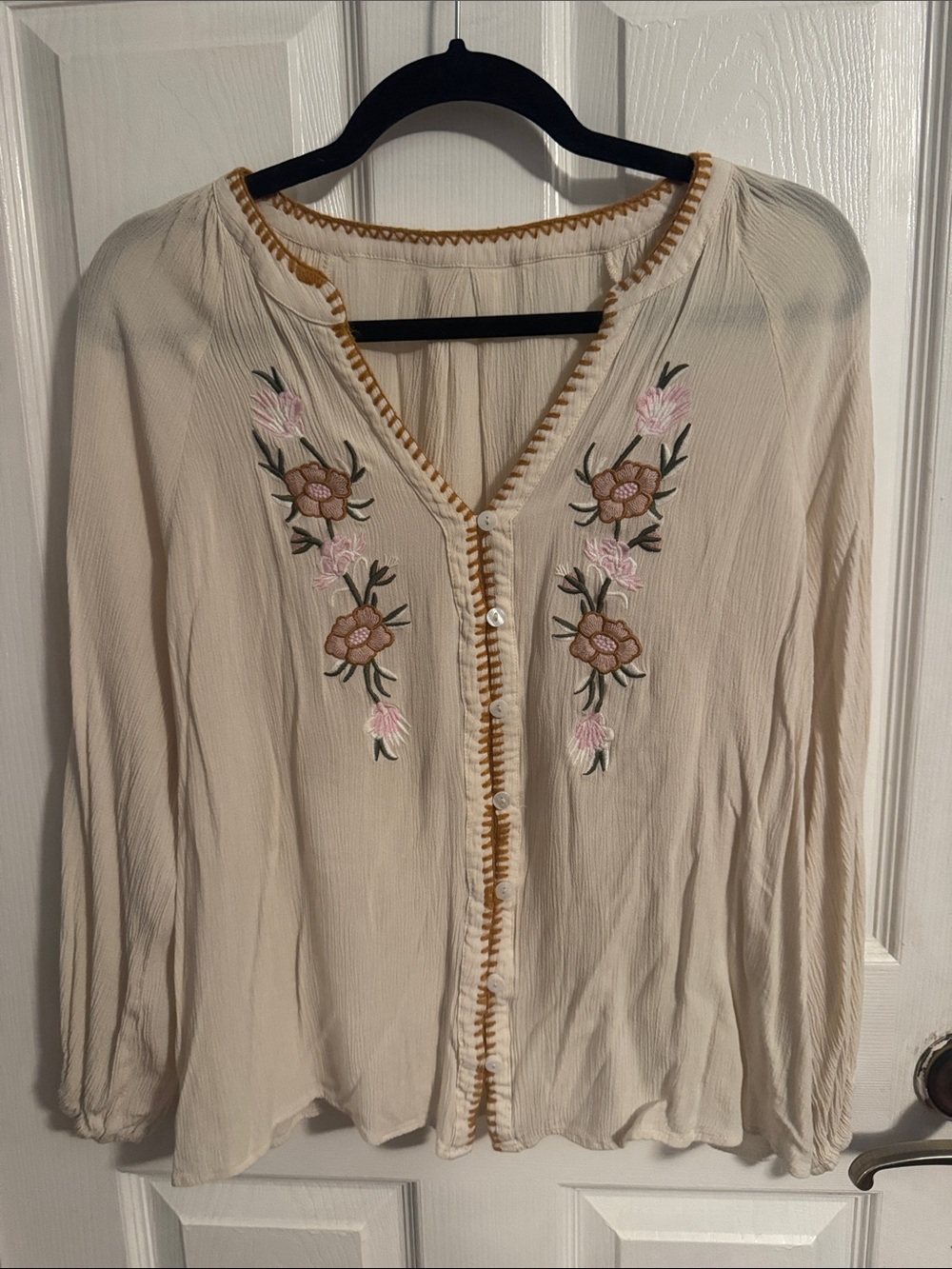 Women’s Cream Embroidered V-Neck Button Front Top
